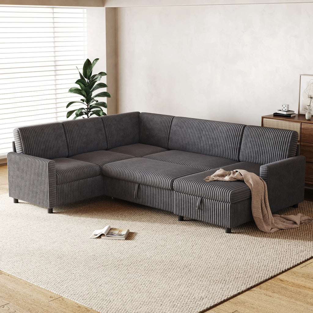 Divano panoramico a U convertibile con letto, contenitore e tessuto a coste, grigio 274 × 220 × 85 cm