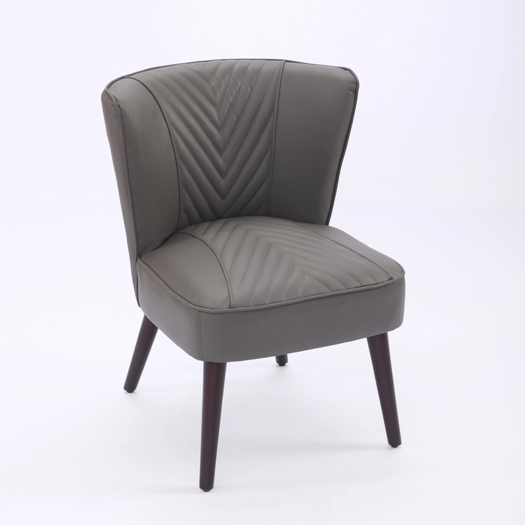 Poltrona senza braccioli in pelle con cuciture diagonali e base in legno - grigio