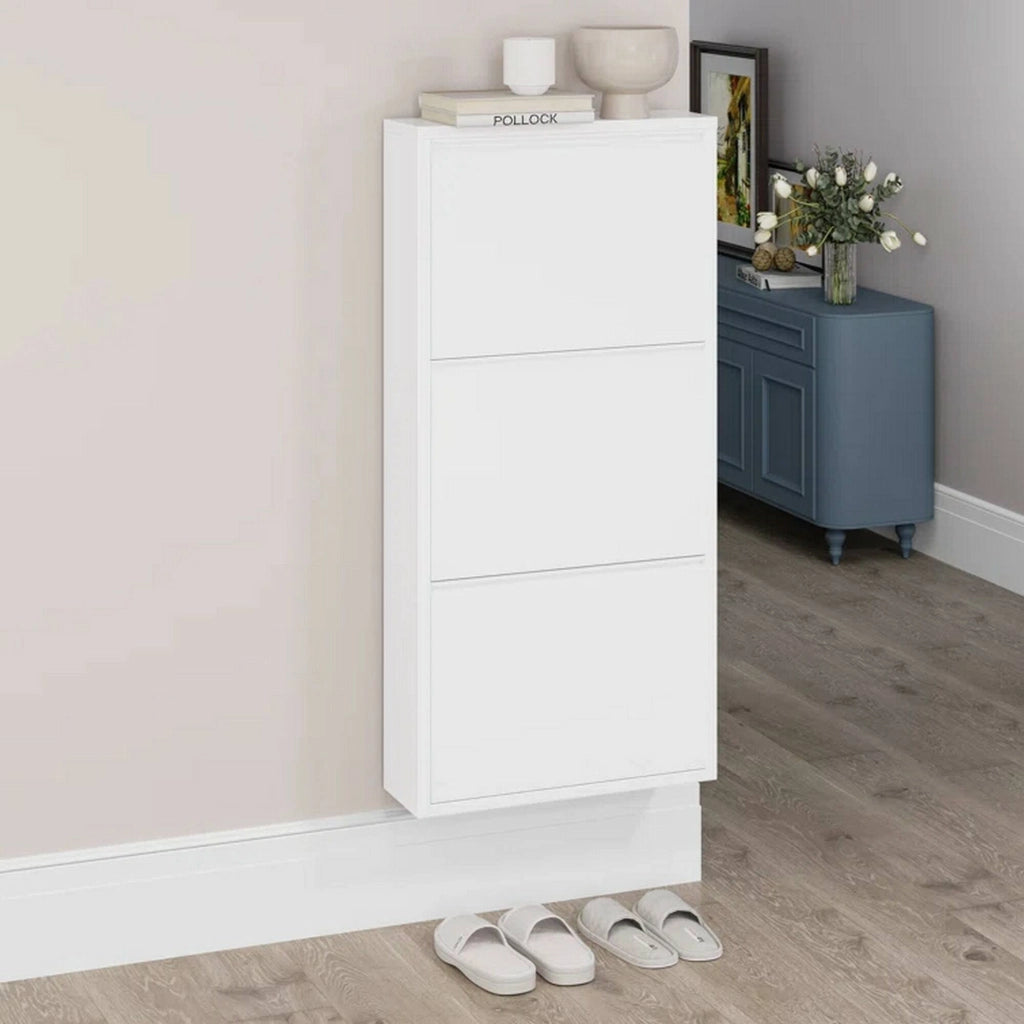 Scarpiera Aspro, Portascarpe con ante a ribalta da ingresso in metallo, Scarpiera moderna lineare di color bianco, Cm 50x15h103, a 3 Ante