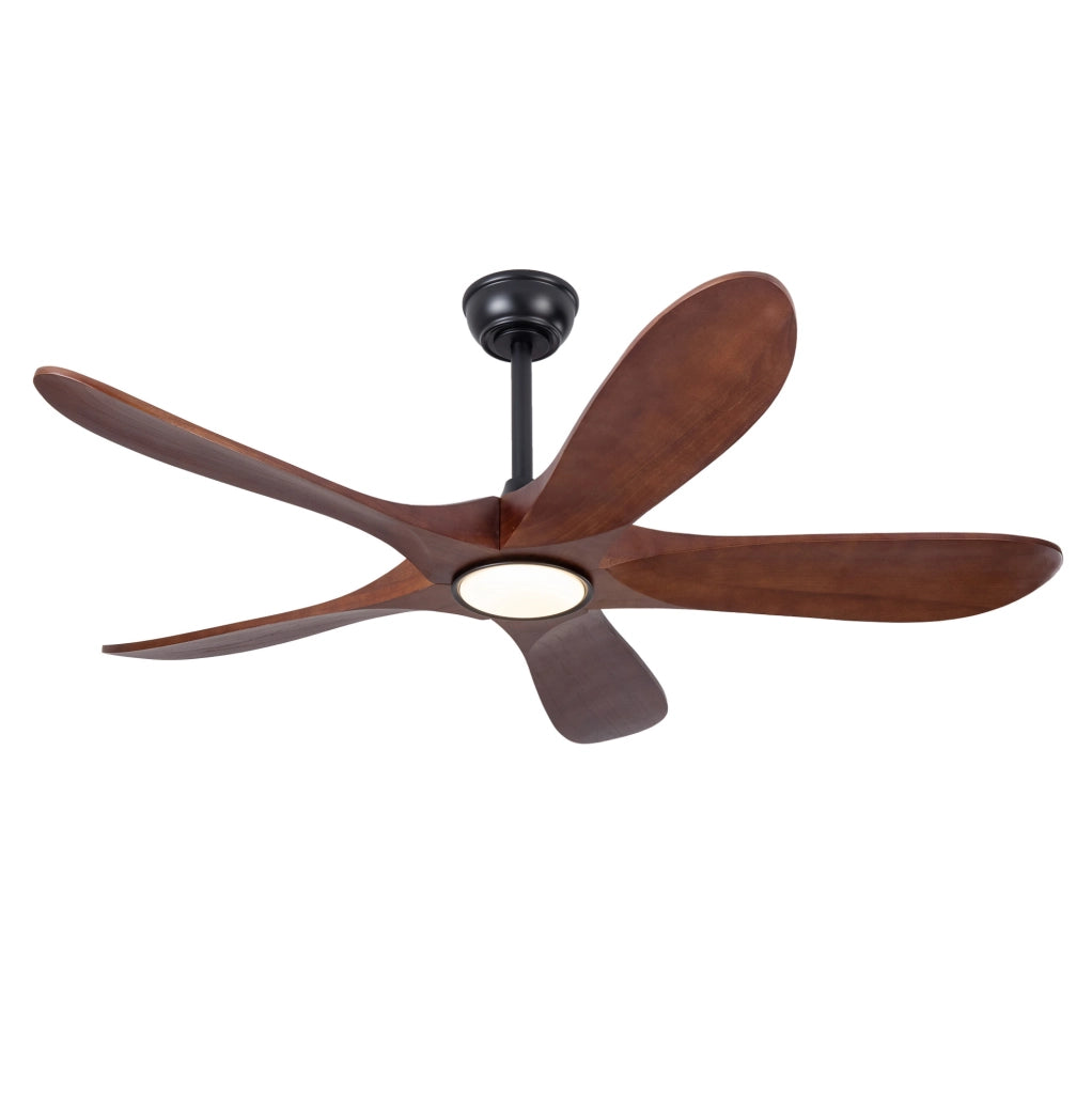 Ventilatore da soffitto con luce e telecomando; 5 pale in legno massiccio; motore DC; noce e nero