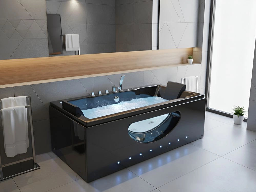 Vasca idromassaggio nero ABS Getti d'acqua massaggianti Luci LED Poggiatesta Massaggio Getti d'Acqua Rettangolare 180 x 85 cm
