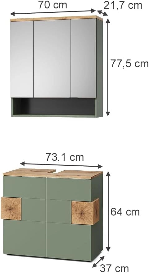 Set mobili bagno Eden, Verde, 73 cm, composto da specchio da bagno e mobile sottolavabo