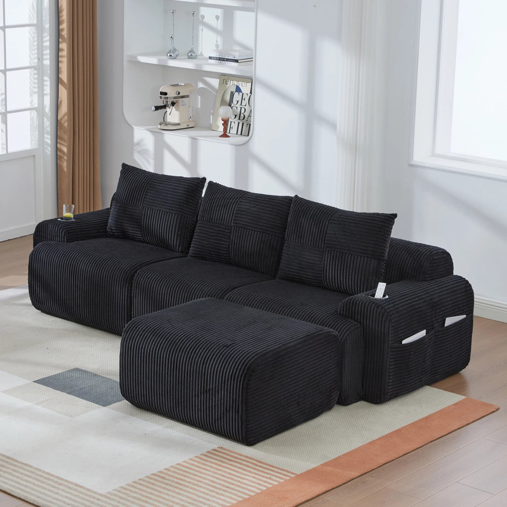 DIVANO MODULARE 3 POSTI 268x174x80 cm Corda Nero con portabicchiere e tasca laterale