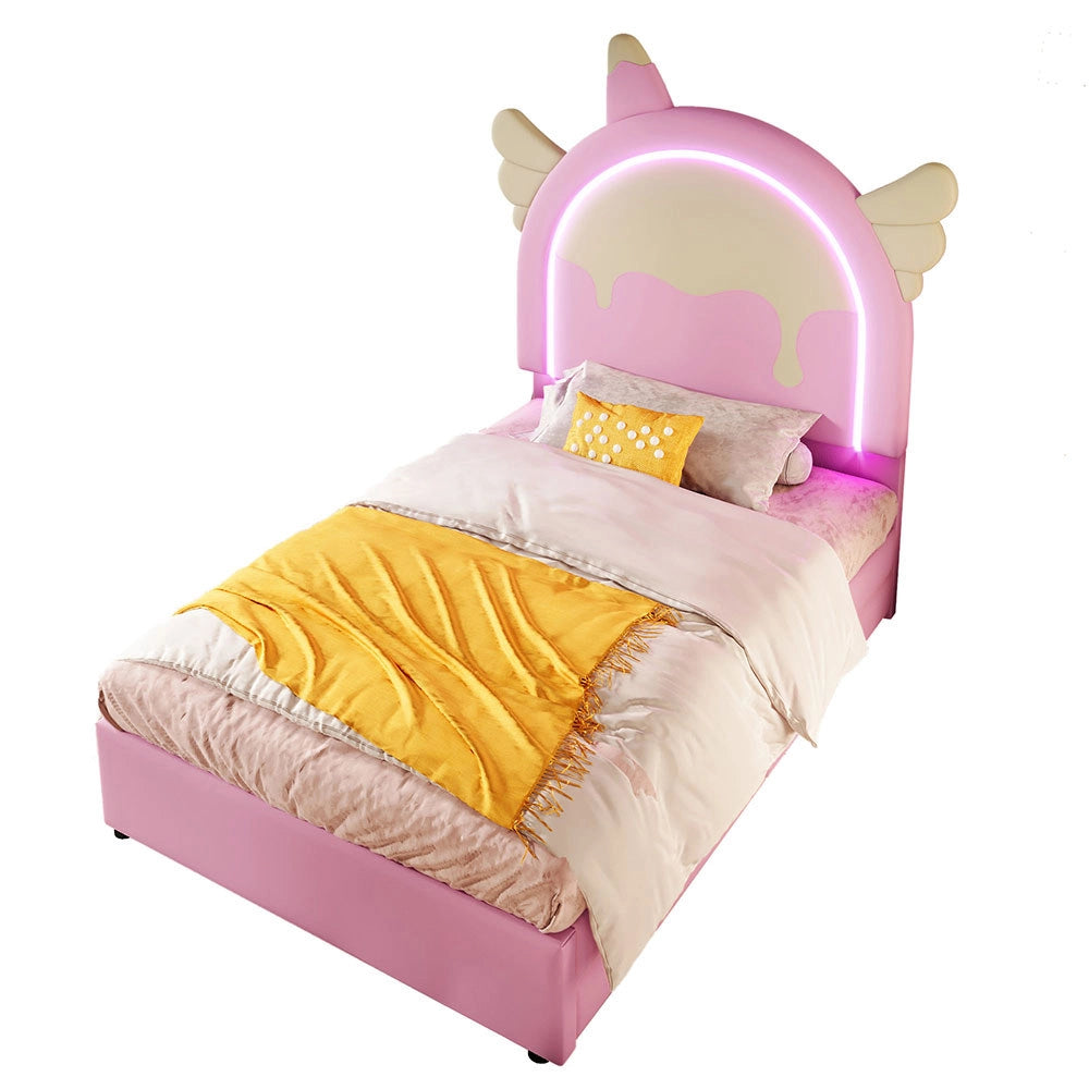 Letto bambino-Xylo-90x200 cm-2 cassetti, LED, forma unicorno, PU rosa