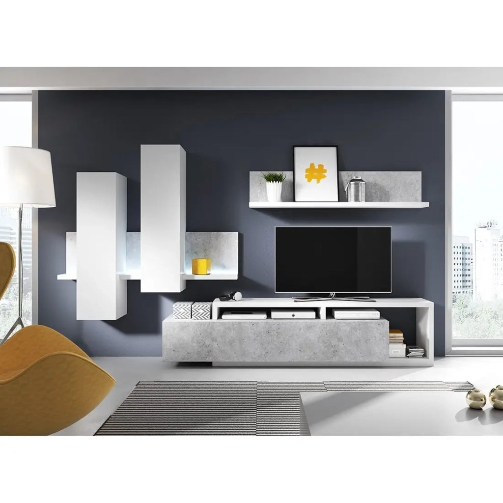 Set di mobili da salotto con LED collezione BERGAMO. Colori bianco e grigio cemento.