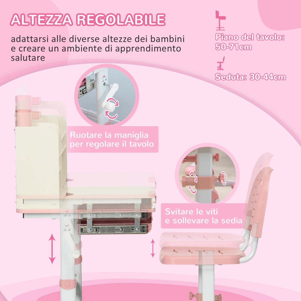 Set Scrivania e Sedia per Bambini da 3 Anni Regolabile, Tavolo Inclinabile a 60¡ã con Cassetto e Ripiani, Rosa