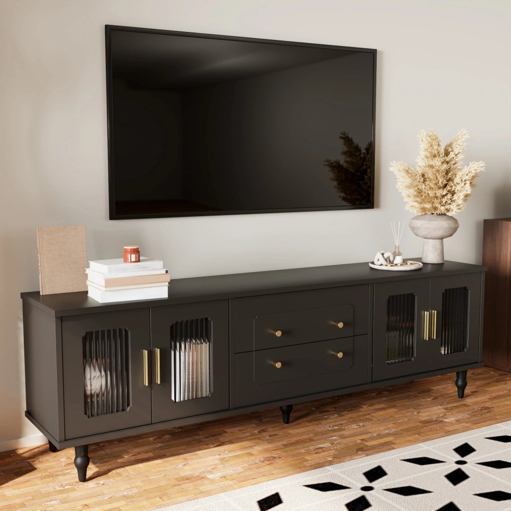 Mobile TV Basso Stile Retr¨° ¨C MINIMAL ¨C Legno Massello, Porta in Vetro, Nero