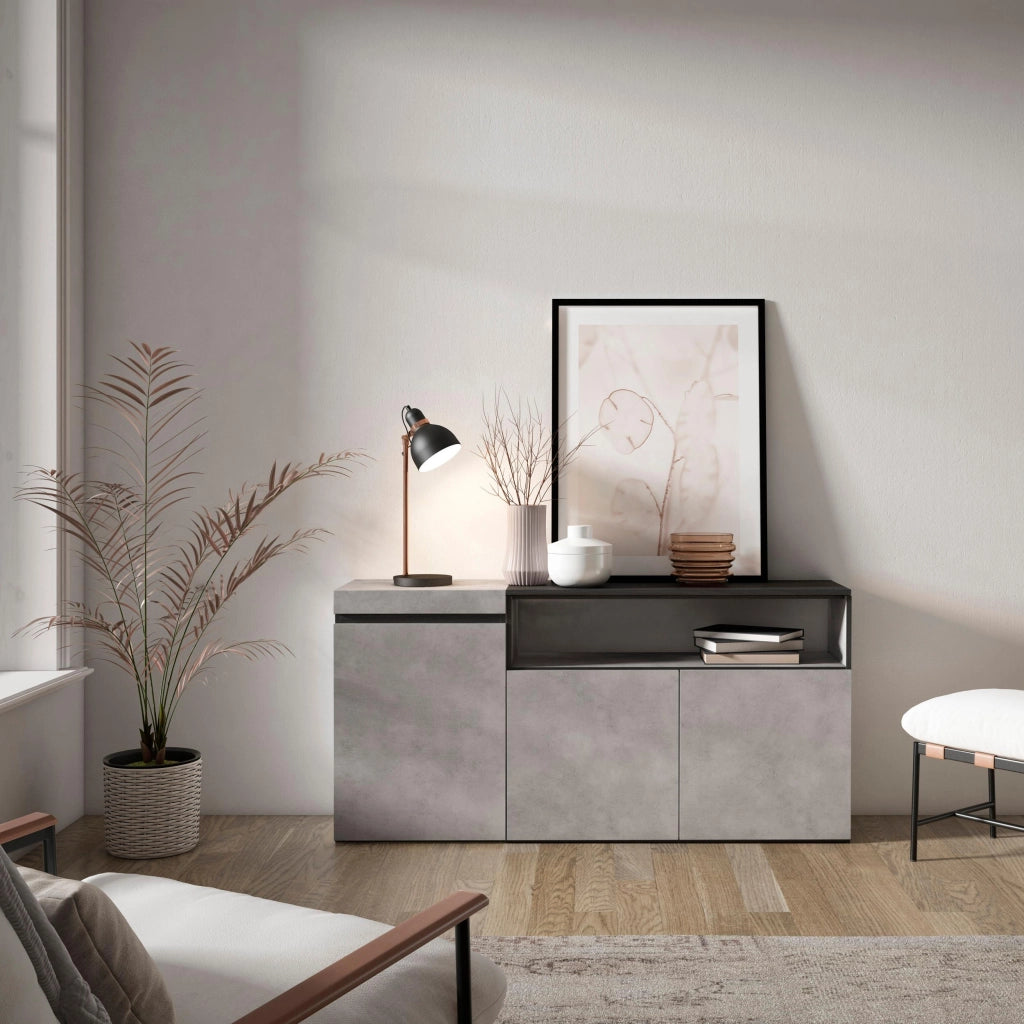 Credenza, Mobile, 150x35x75cm, 3 Porte, grande stoccaggio, grigio cemento RF2496