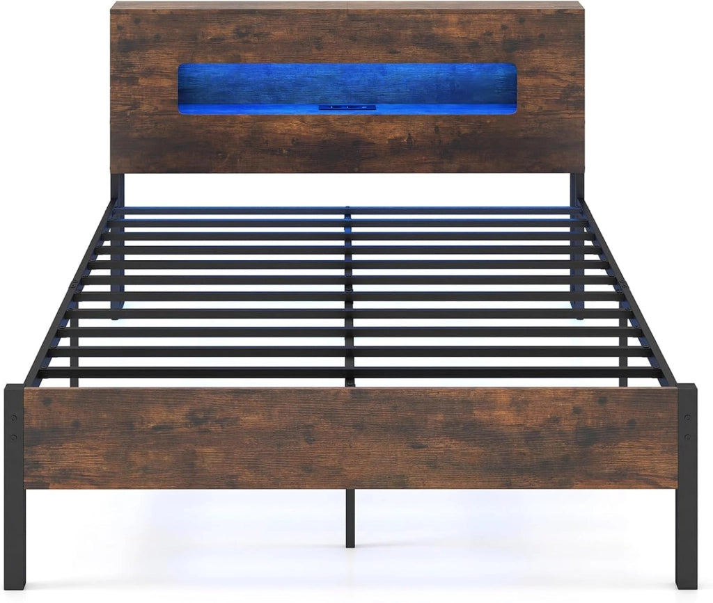 Telaio letto con vano portaoggetti, 200 x 140 cm, letto matrimoniale con prese elettriche, illuminazione a LED e doghe in metallo, senza materasso, marrone