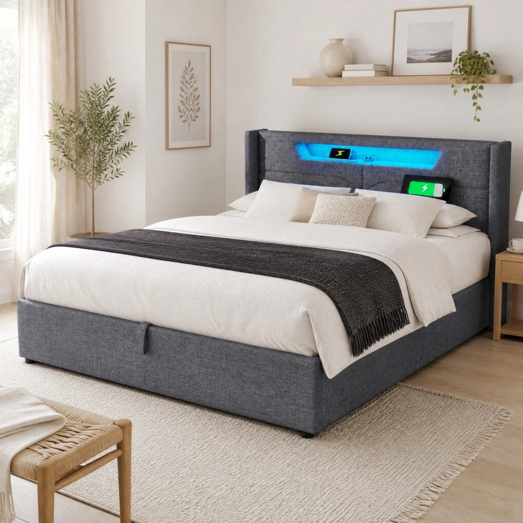 Letto matrimoniale 160x200 con LED, USB-C e contenitore
