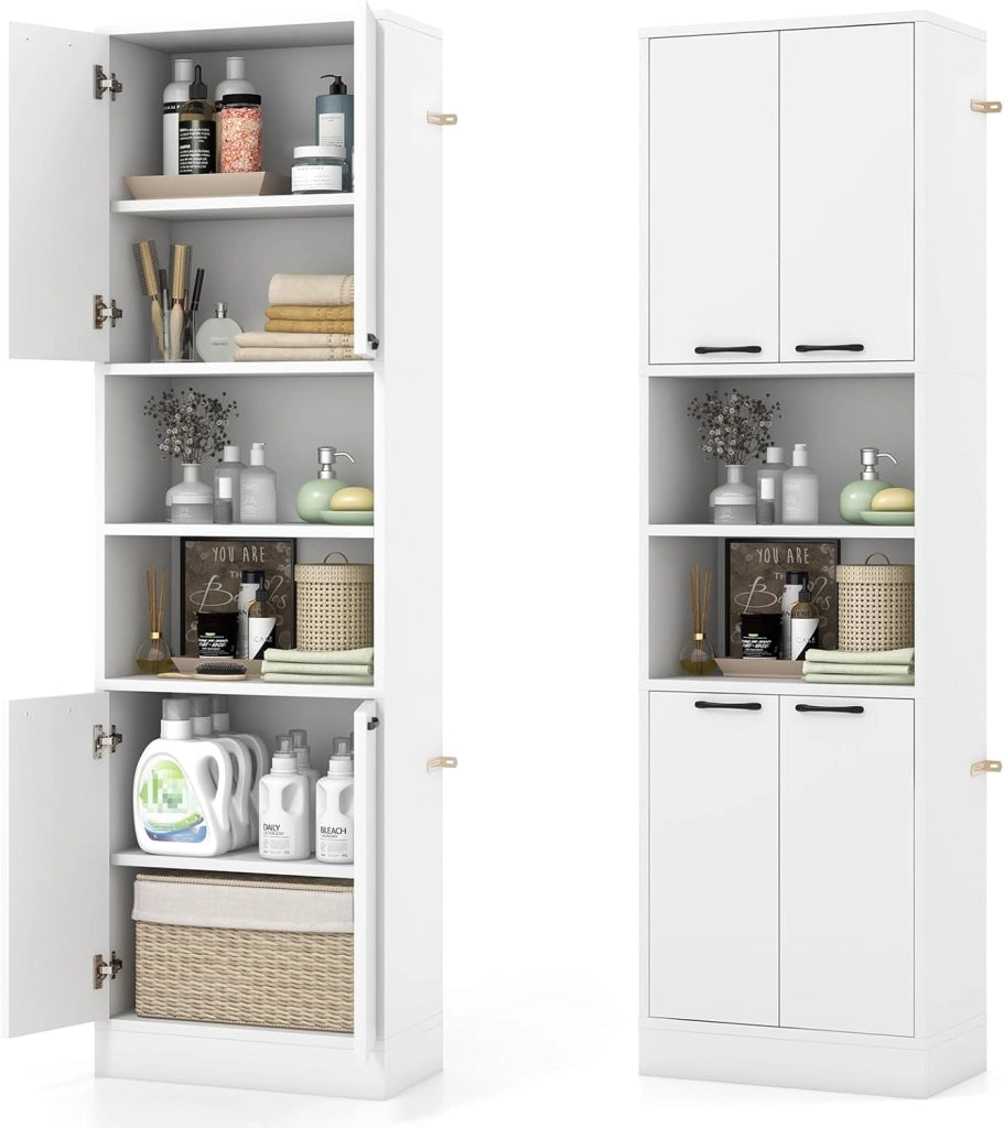 Credenza da Cucina Alta 190 cm con 4 Ante, 2 Scomparti Aperti e 6 Ripiani, 4 Kit Antiribaltamento, Armadio Portaoggetti per Cucina e Bagno