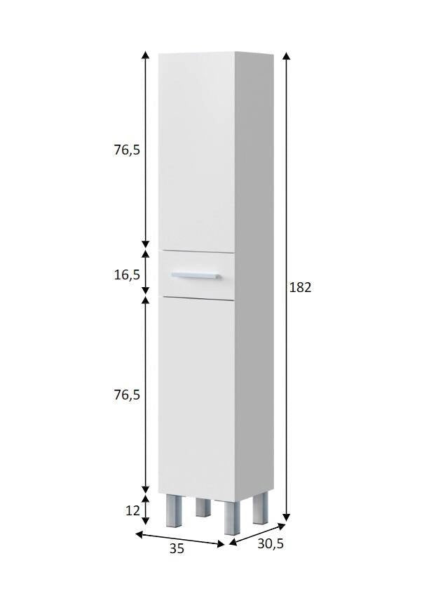 Colonna bagno Alka, Pensile bagno con 2 ante e 1 cassetto, Armadio alto, 35x31h182 cm, Bianco lucido