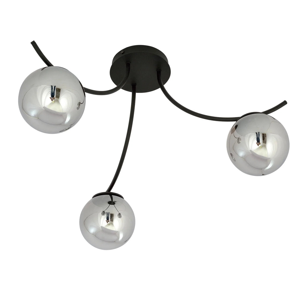 Plafoniera Moderna 3 Luci Coeo In Acciaio Nero E Diffusori In Vetro Fumè