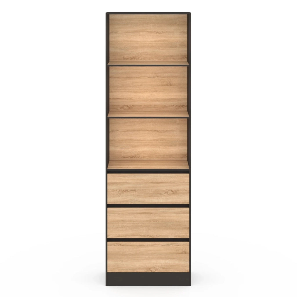 IDMarket - CARLA Libreria a 3 livelli con 3 cassetti neri ed effetto legno H.190 cm