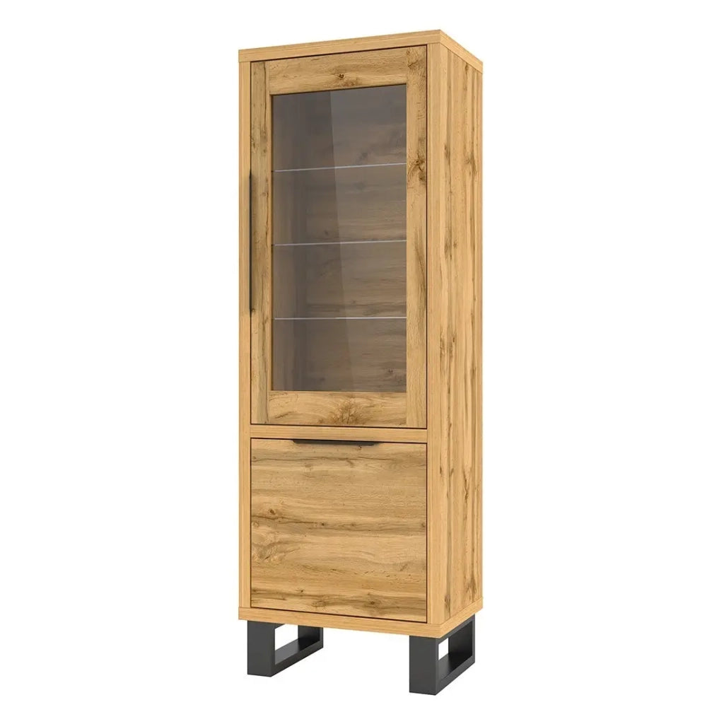 Vetrina color rovere collezione MILO. Finiture nere. Mobile ideale per la tua sala da pranzo.