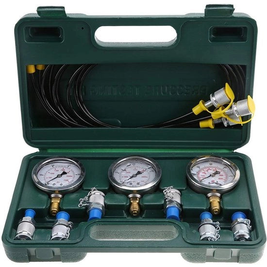 Kit di test di pressione idraulica - Drukmeter 63 mm - Tubo di test 1500 mm - Connettore di test G1/4 - Adatto per macchine da costruzione - Compreso 3 drummeter