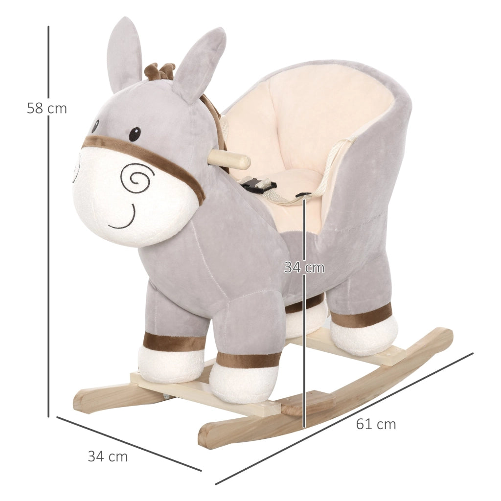 Dondolo per Bambini in Legno Asino in Peluche con Suono