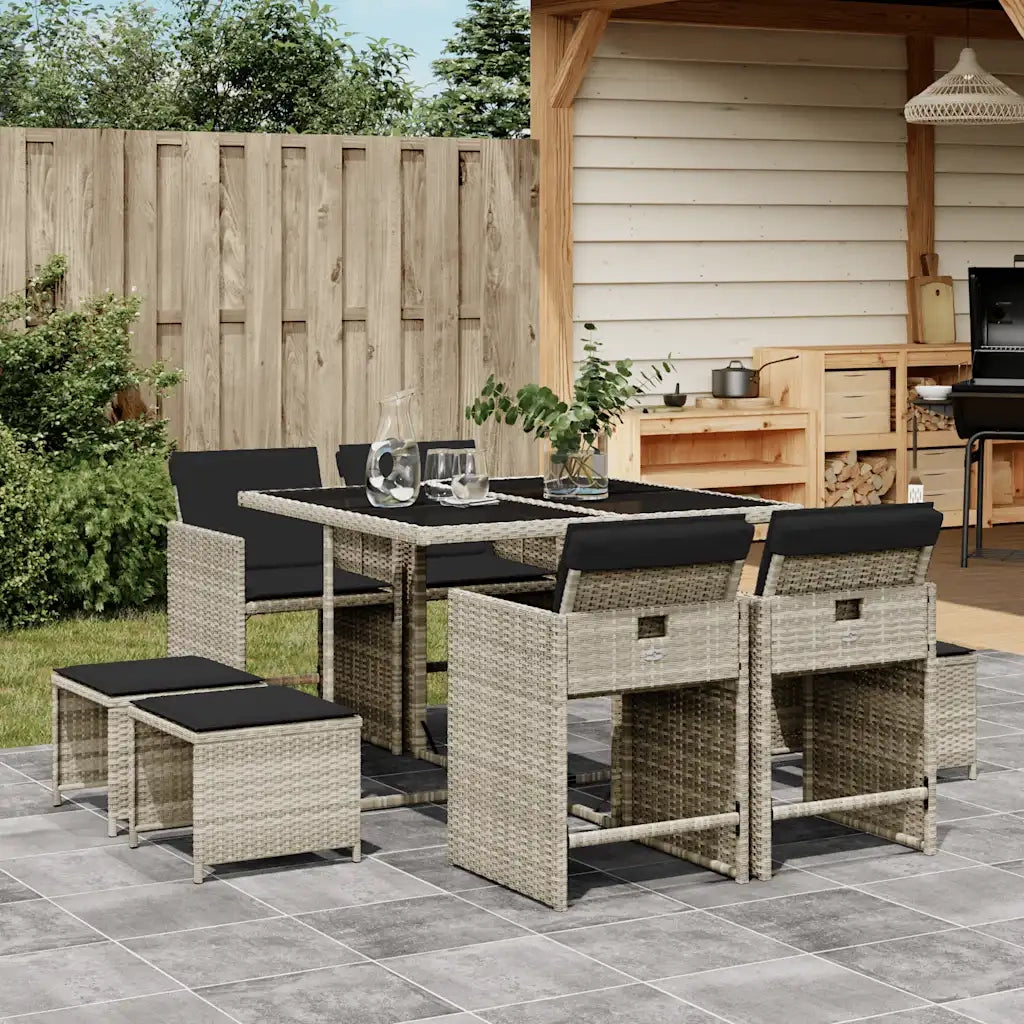 Set Pranzo da Giardino 9pz | Set Salotto da Giardino con Cuscini Grigio Chiaro Polyrattan