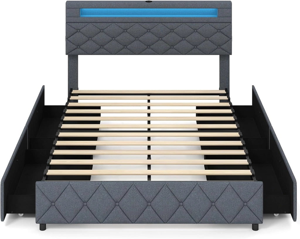 Telaio Letto Matrimoniale 140x200 / 160x200 cm con LED, Porte USB, Testiera e Cassetti Regolabili, Capacità di Carico 500 kg, Colore Grigio