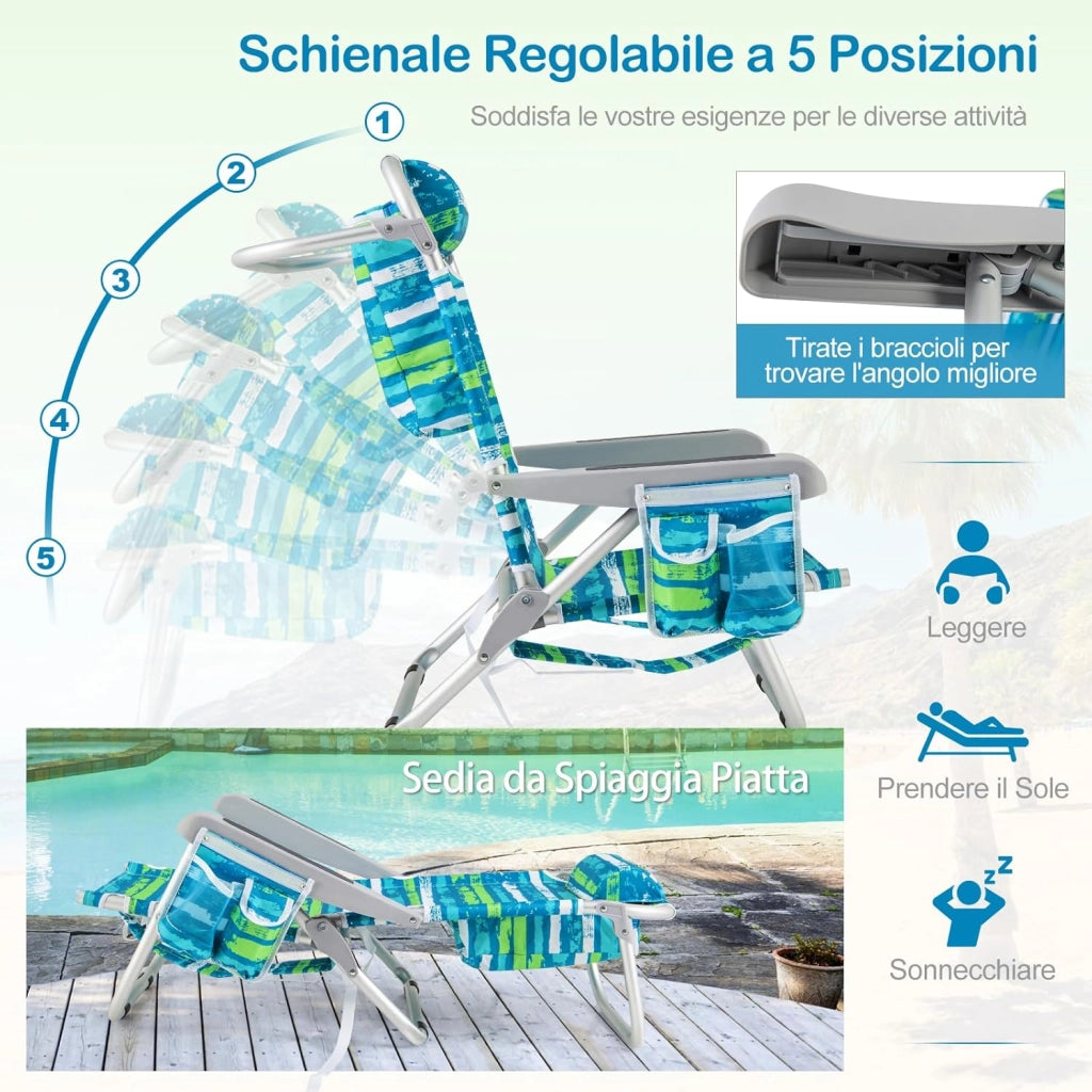 Sedia da Spiaggia, Sdraio Pieghevole a 5 Posizioni con Portabicchieri, Poltrona da Spiaggia con Cuscino per Testa e Zaino, Sedia da Campeggio Portatile, Portata 150 kg (Blu e Verde,1)
