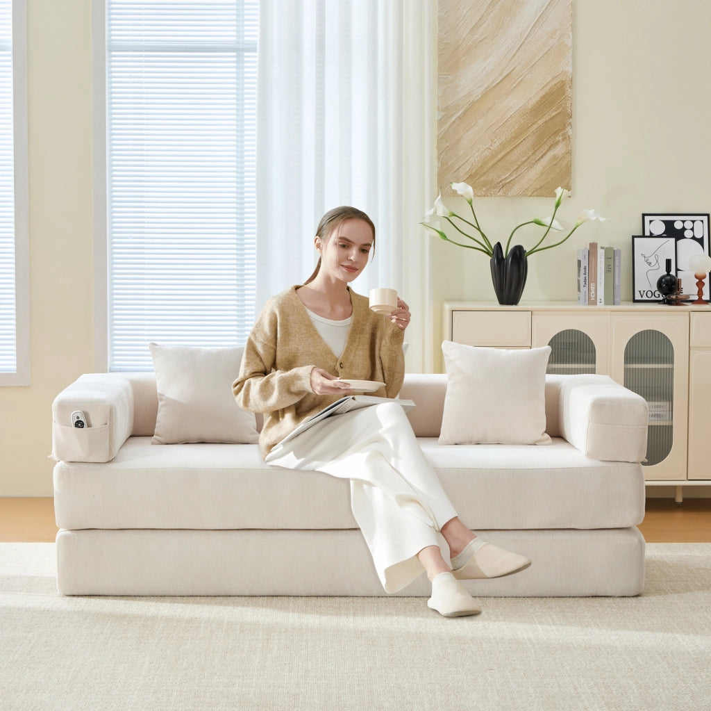 Divano modulare 198x79x60 cm in chenille con tasche laterali e fondo antiscivolo beige