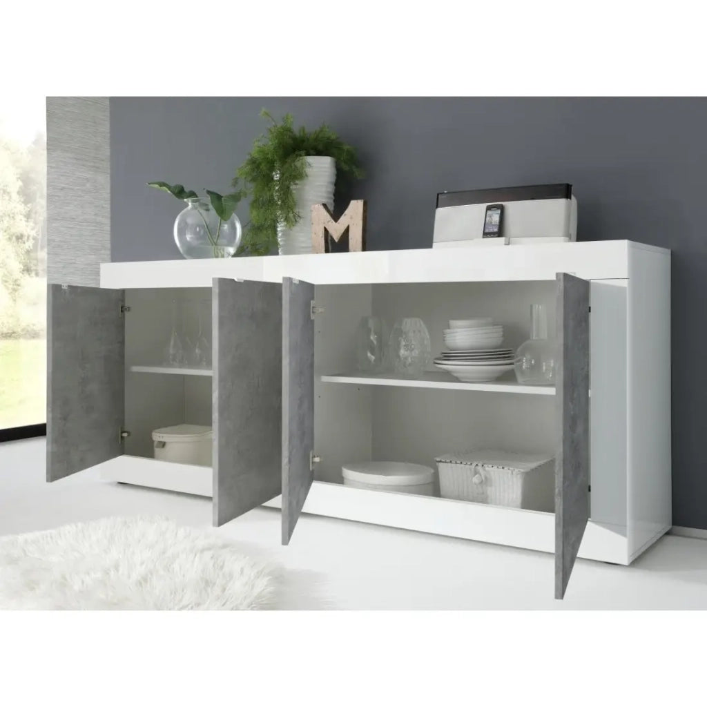 Buffet 4 porte, collezione ISORA, bianco lucido laccato/rovere chiaro, ideale per soggiorno moderno