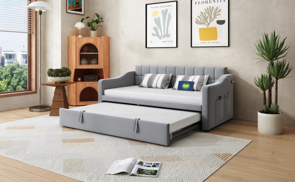 Letto divano 2 in 1 imbottito velluto grigio chiaro 90x190 cm