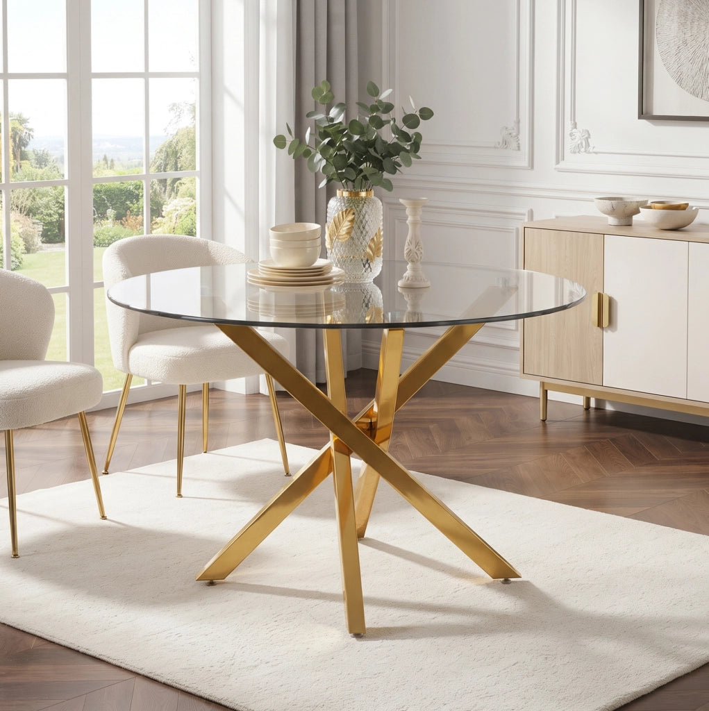 Tavolo rotondo da pranzo 80 cm in vetro temperato con gambe dorate; design moderno