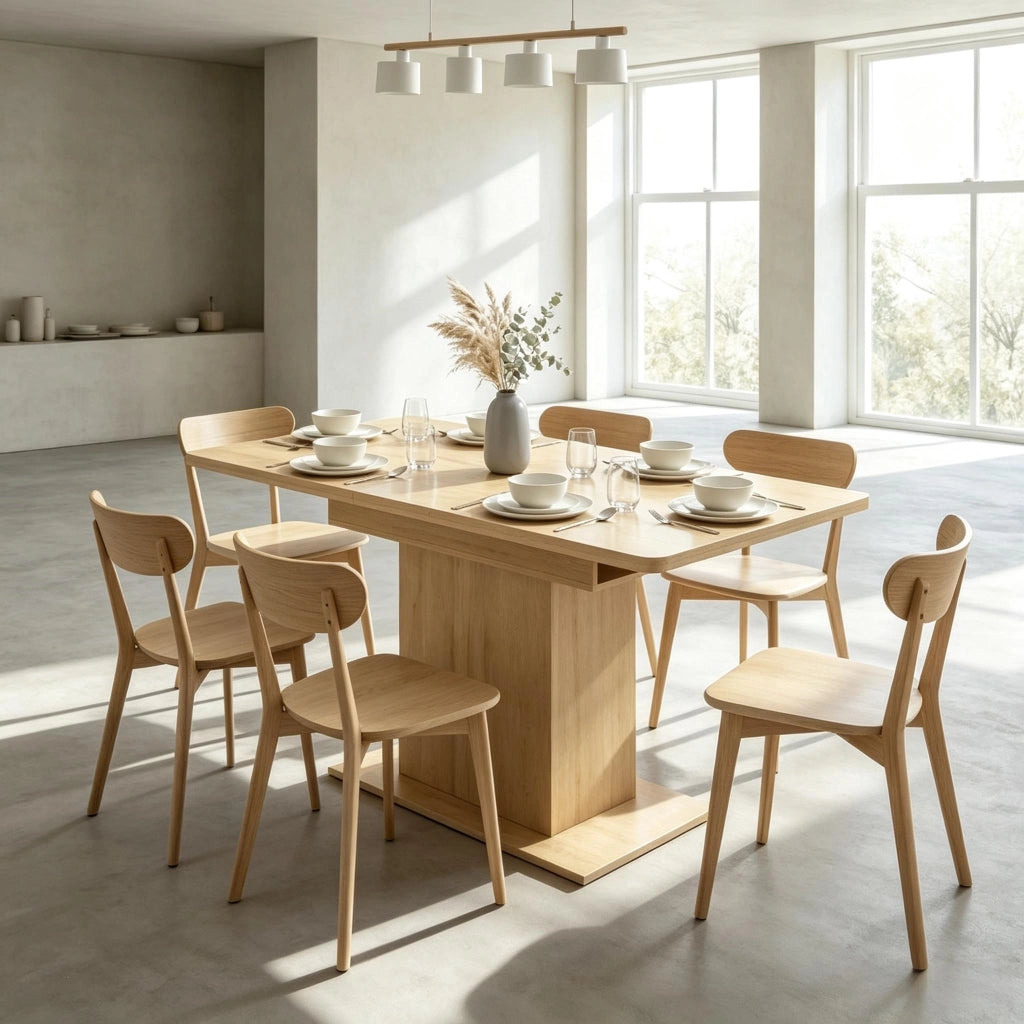 Tavolo da pranzo allungabile con 6 vani aperti e vano contenitore, per cucina e sala da pranzo, in MDF, naturale
