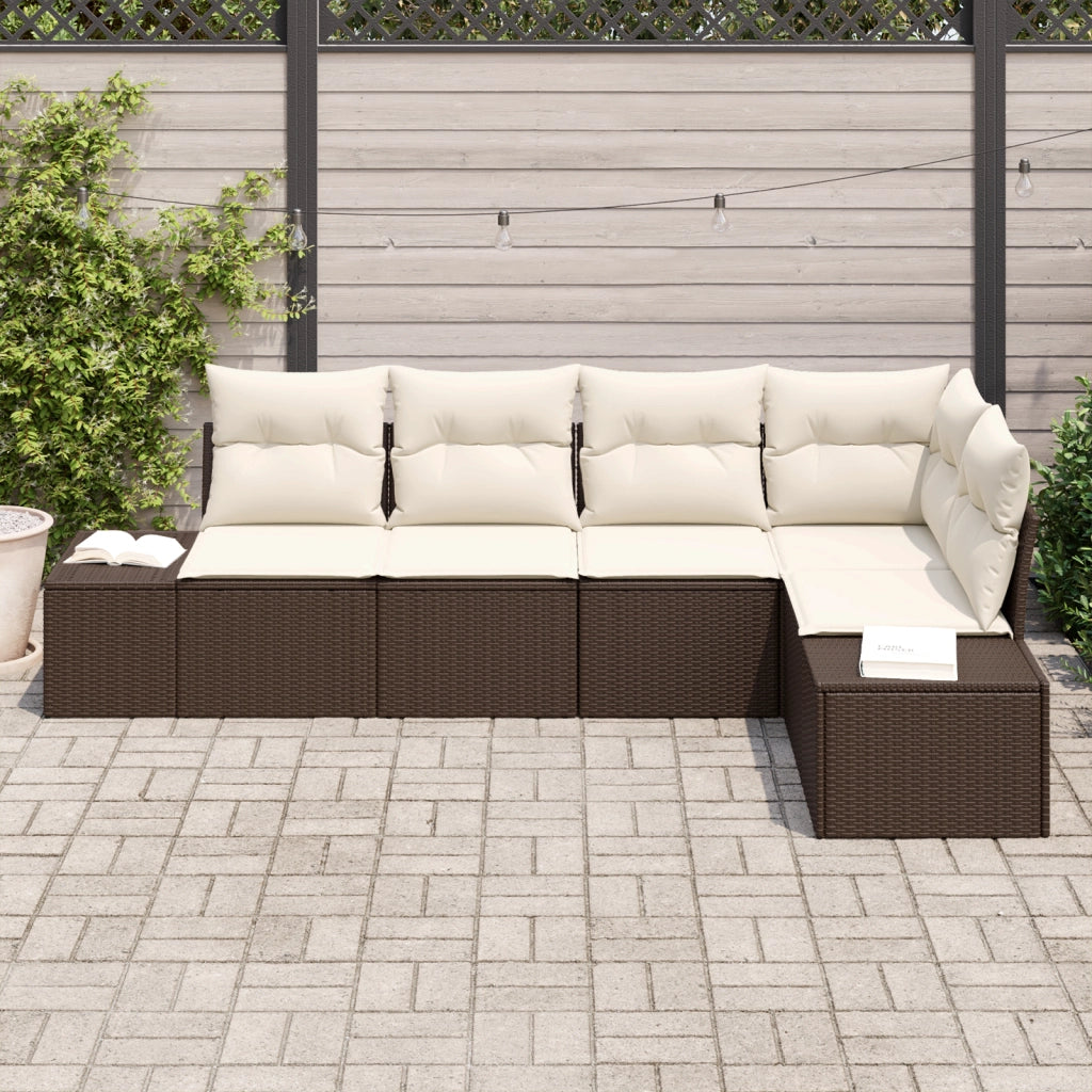 Set Divano da Giardino 5 Pezzi con Cuscini Marrone Polyrattan