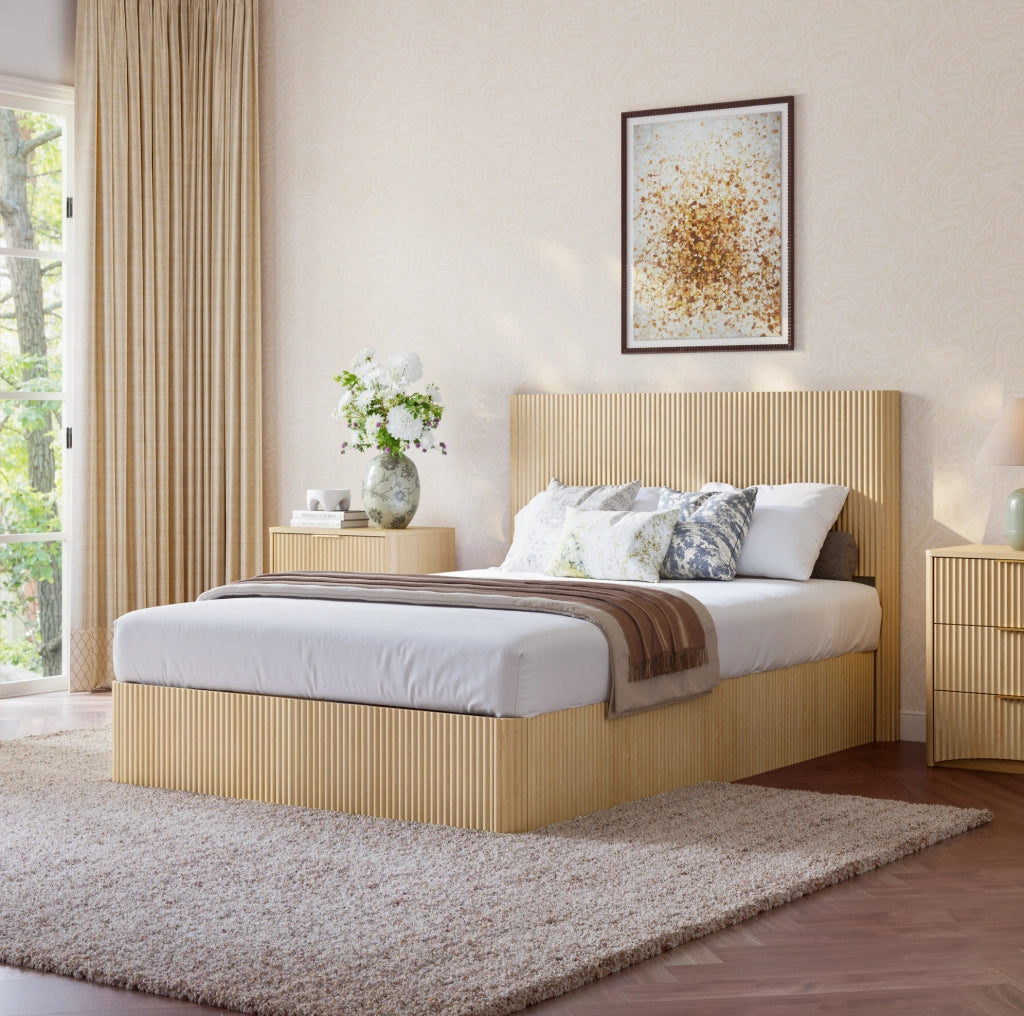 Letto 140x200 cm con contenitore e sistema idraulico in MDF e metallo; colore rovere chiaro