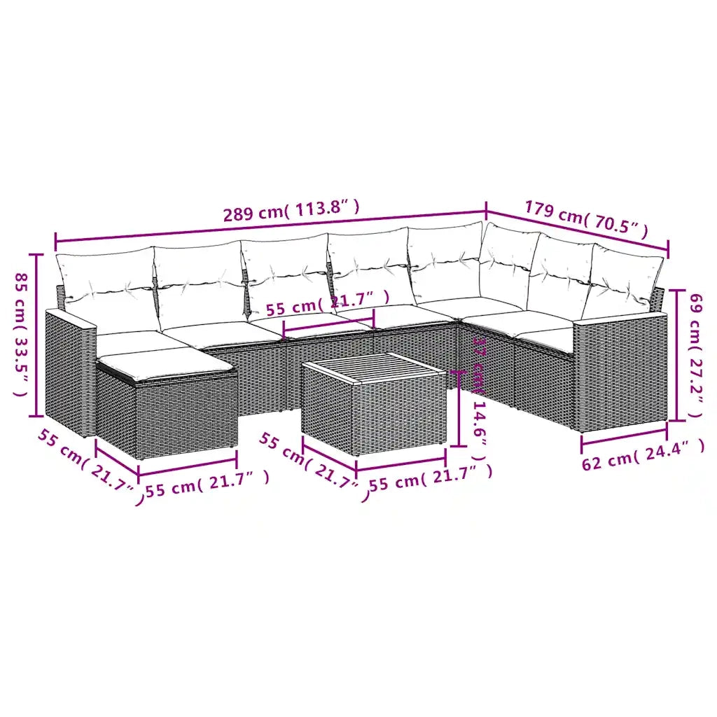 Set Divani da Giardino 9 pz con Cuscini Grigio in Polyrattan 3226257