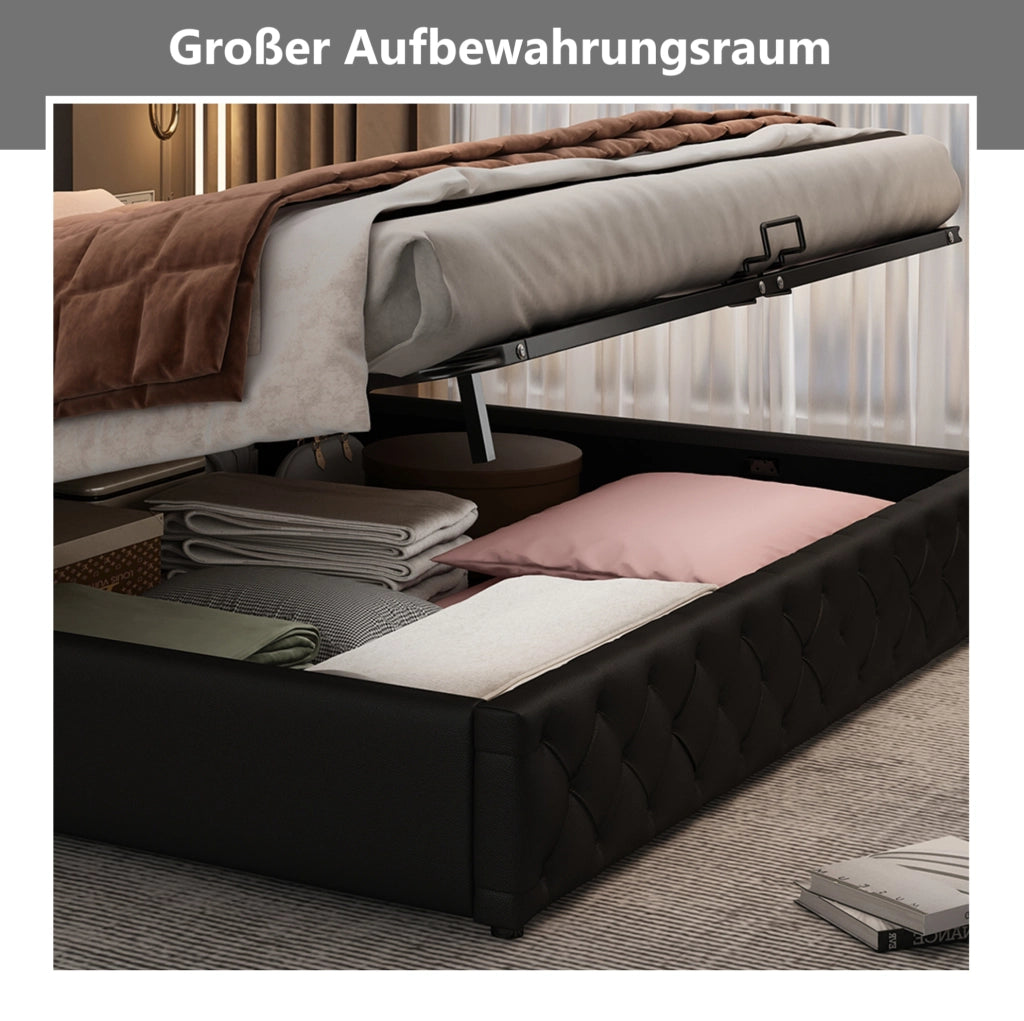 Letto imbottito 140x200 cm con LED e vano contenitore