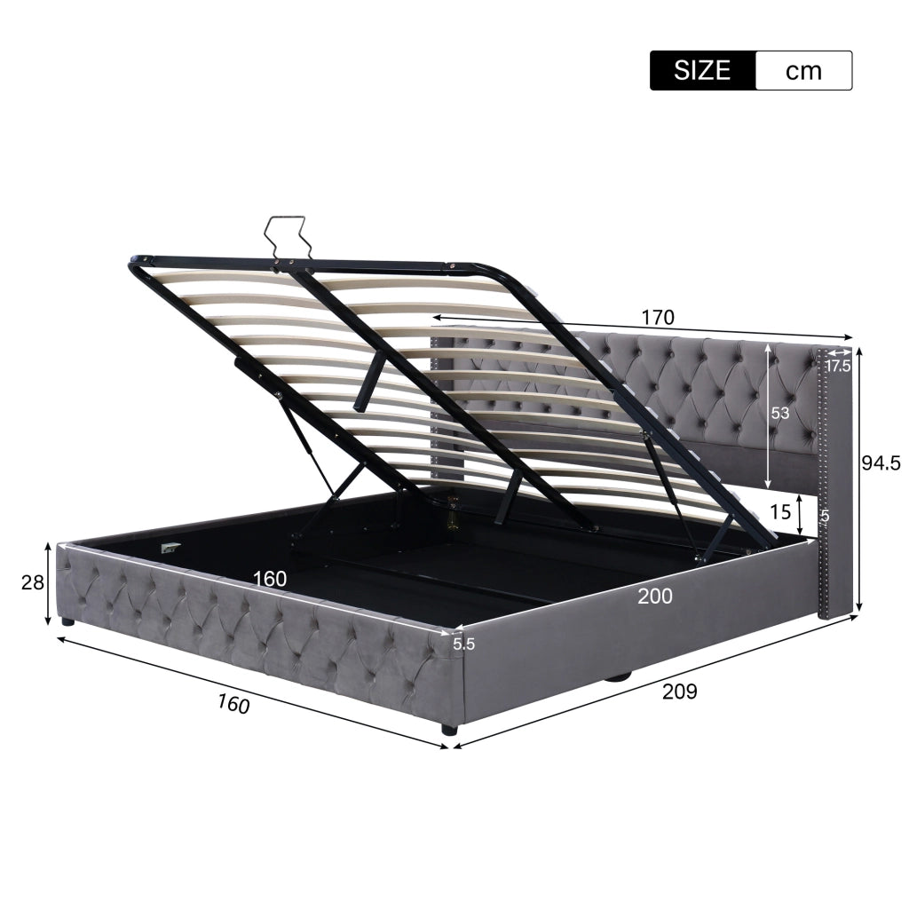 Letto Contenitore Matrimoniale 160x200 cm; con Box; in Velluto; Grigio