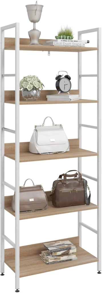 Libreria Scaffale a 5 Livelli, Libreria Verticale Struttura in Metallo per Soggiorno/Camera da Letto/Studio, 60x27,5x160cm,Bianco + Rovere chiaro