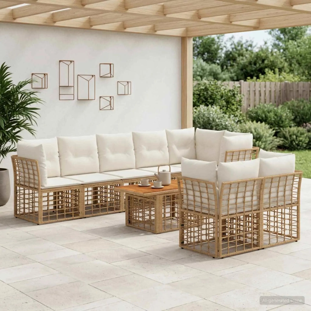 Set Divano da Giardino 9 pz Naturale e Bianco Crema polyrattan 3437886