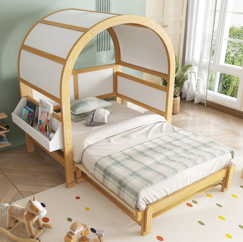 Letto 140x200 cm con letto estraibile e tetto ad arco in legno bianco e naturale