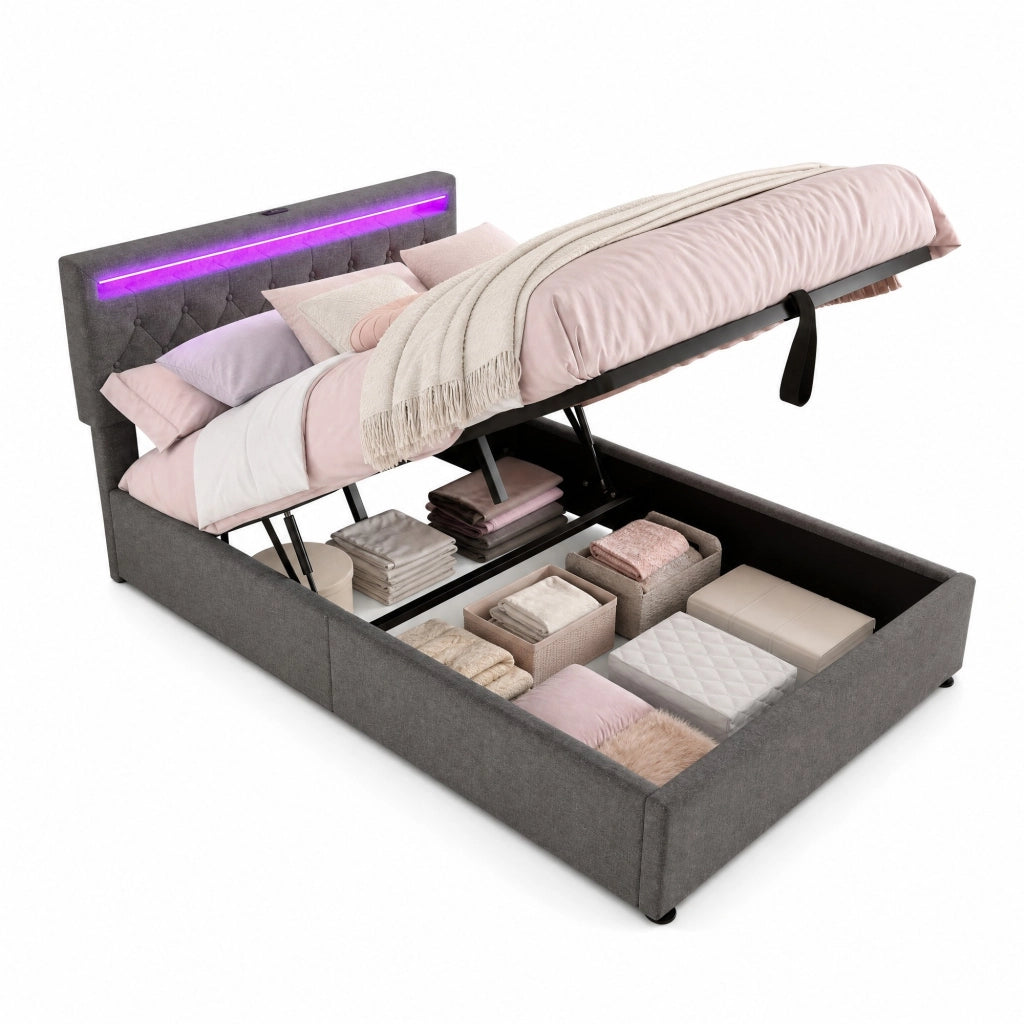 Letto contenitore 140 × 200 cm con sollevamento idraulico LED USB e USB-C imbottito in lino e MDF grigio