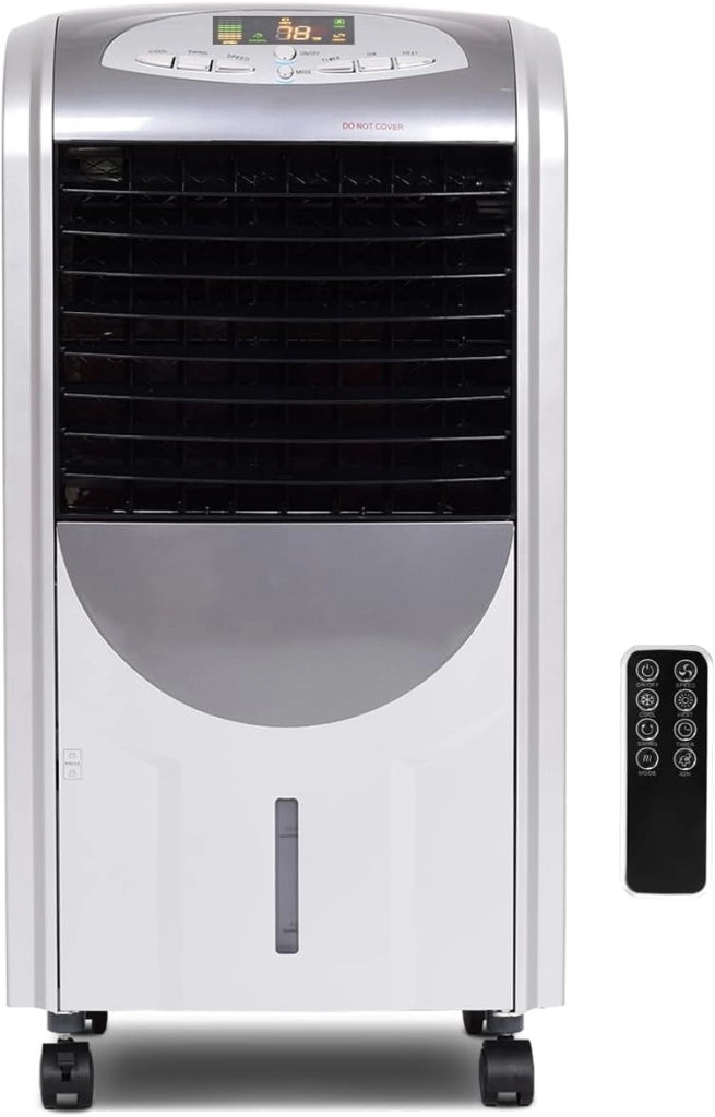 Ventilatore 5 in 1, Ventilatore, Riscaldatore, Purificatore d'Aria, Umidificatore & Raffrescatore, 3 Velocità, Serbatoio Acqua 7L, Timer 8H, Telecomando, per Salone, Camera da Letto, Ufficio