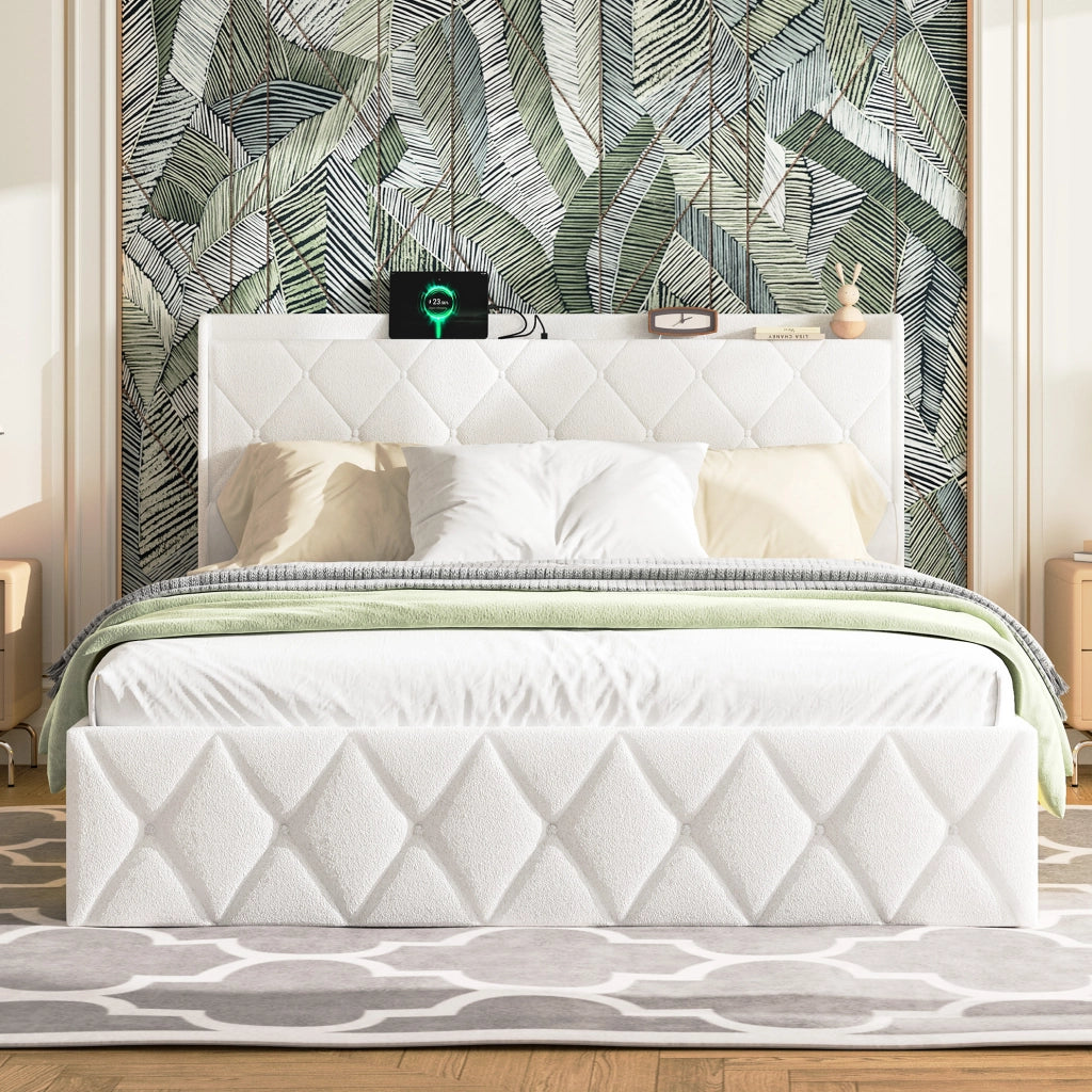 Letto matrimoniale 160x200 cm in teddy bianco con LED e USB