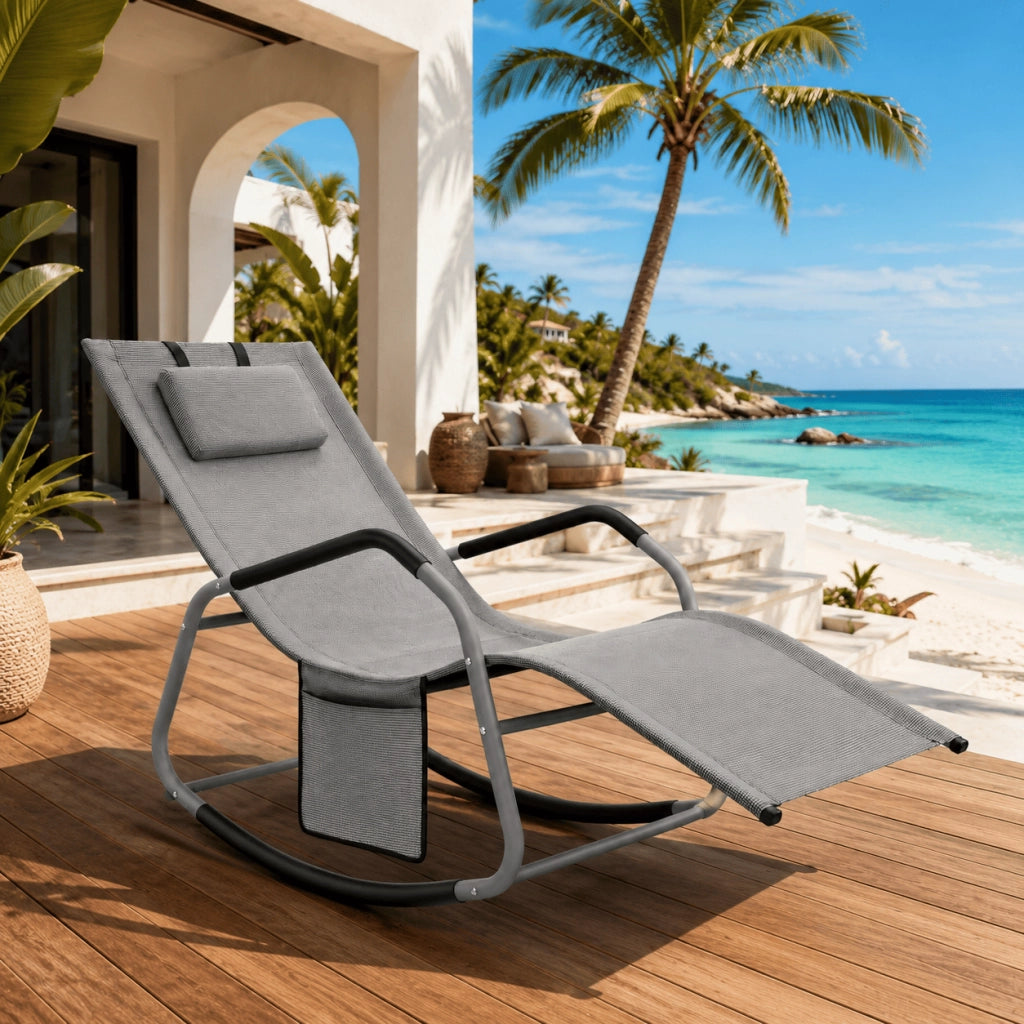 Sedia A Dondolo Ergonomica Poltrona Relax Con Cuscino Antiribaltamento E Tasca Laterale Da Giardino Terrazzo Con Struttura In Acciaio Rivestimento In Textilene 151 X 56 X 90 Cm Grigio