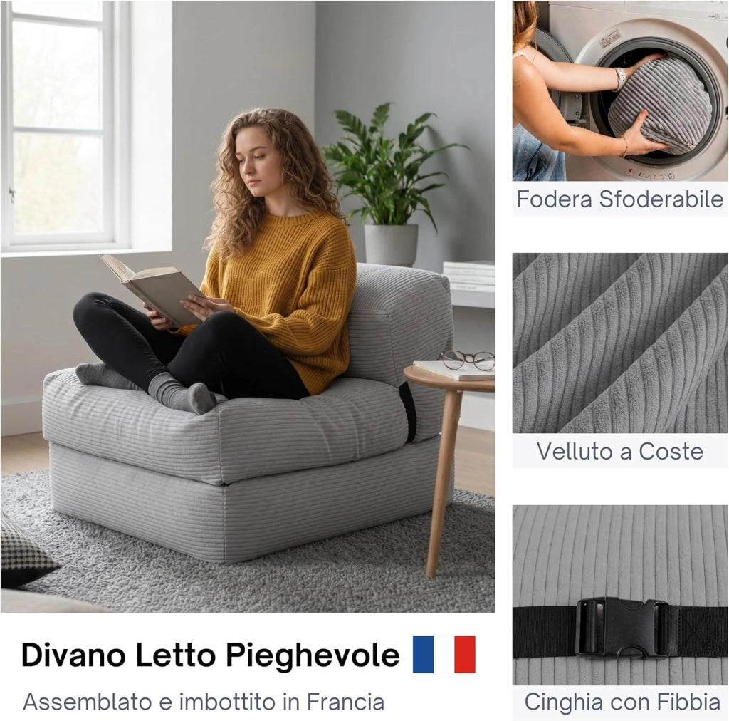 Poltrona Letto Singolo - Pouf Trasformabile in Letto Sfoderabile in Velluto a Coste - Futon Giapponese Pieghevole Pratico e Confortevole, Imbottito in Schiuma (70 x 190 cm, Grigio Chiaro)