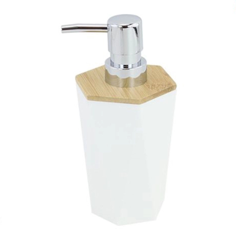 Trade Shop - Dispenser Sapone Liquido A Cilindro Esagonale Geometrico Bianco Legno Da Bagno 10836 -