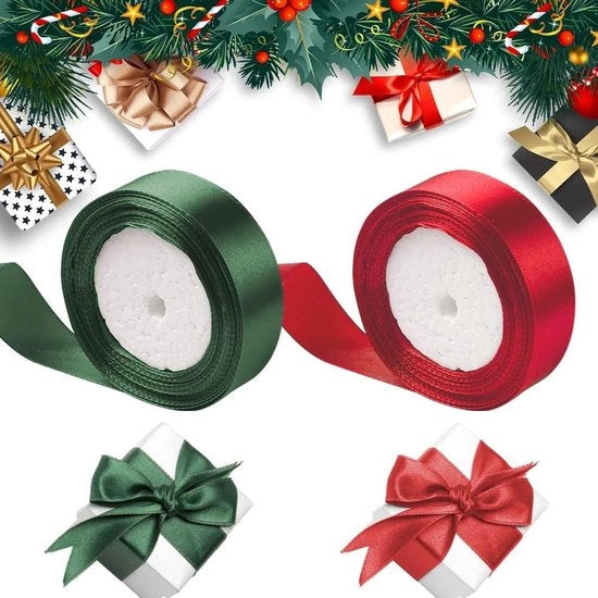 Fascia di Natale - confezione regalo - 2 rotoli - rosso scuroverde - seta satinata - artigianato - 25 mm