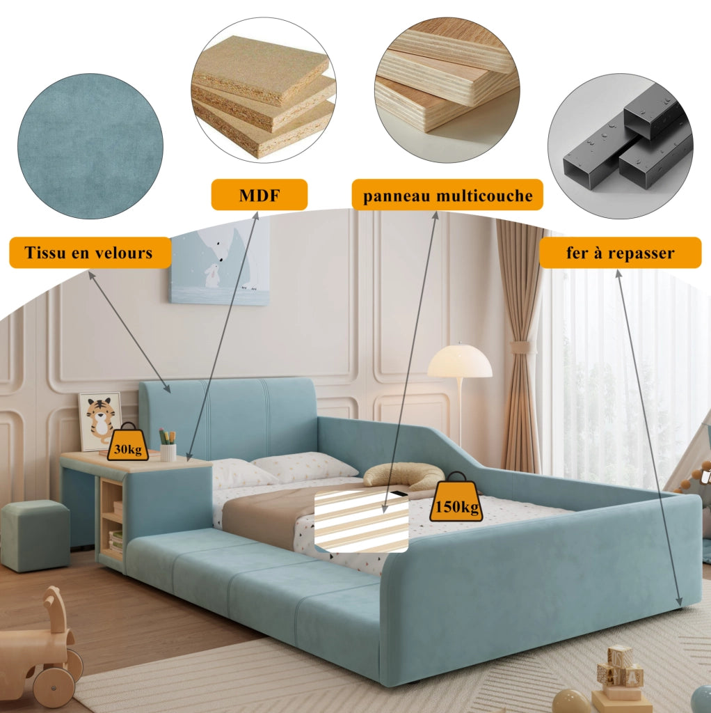 Letto singolo imbottito ULEVR 90x200 cm con scrivania laterale, sgabello e vano contenitore, velluto blu