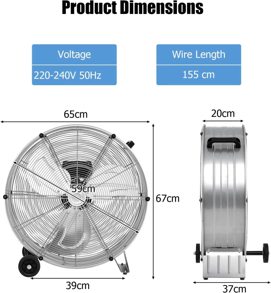 Ventilatori da Pavimento, 3 Velocità di Vento Regolabili, Ventilatore Industriale in Metallo, 2 Ruote in Gomma, per Magazzino, Officina, Cantina, Ufficio, Ø60 CM (Argento)