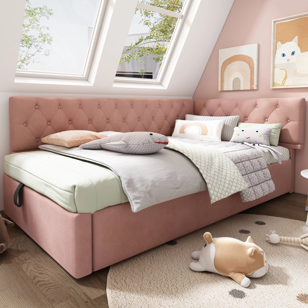 Letto a Divanetto 90 x 190 cm - Contenitore e Testiera Reversibile - in Velluto - Rosa
