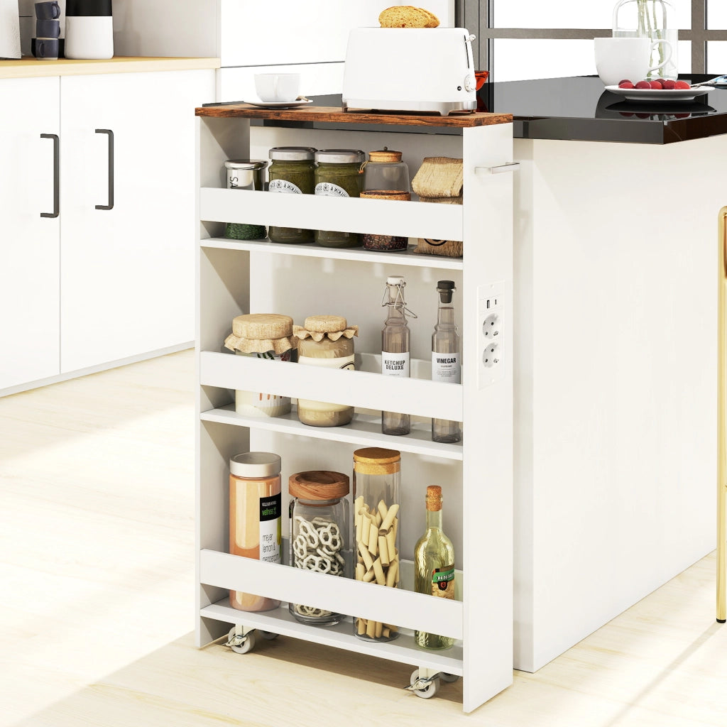 Carrello da cucina 4 ripiani con stazione di ricarica maniglia e parapetti-Scaffale stretto a sfilo con ruote bloccabili per cucina  Bianco e marrone