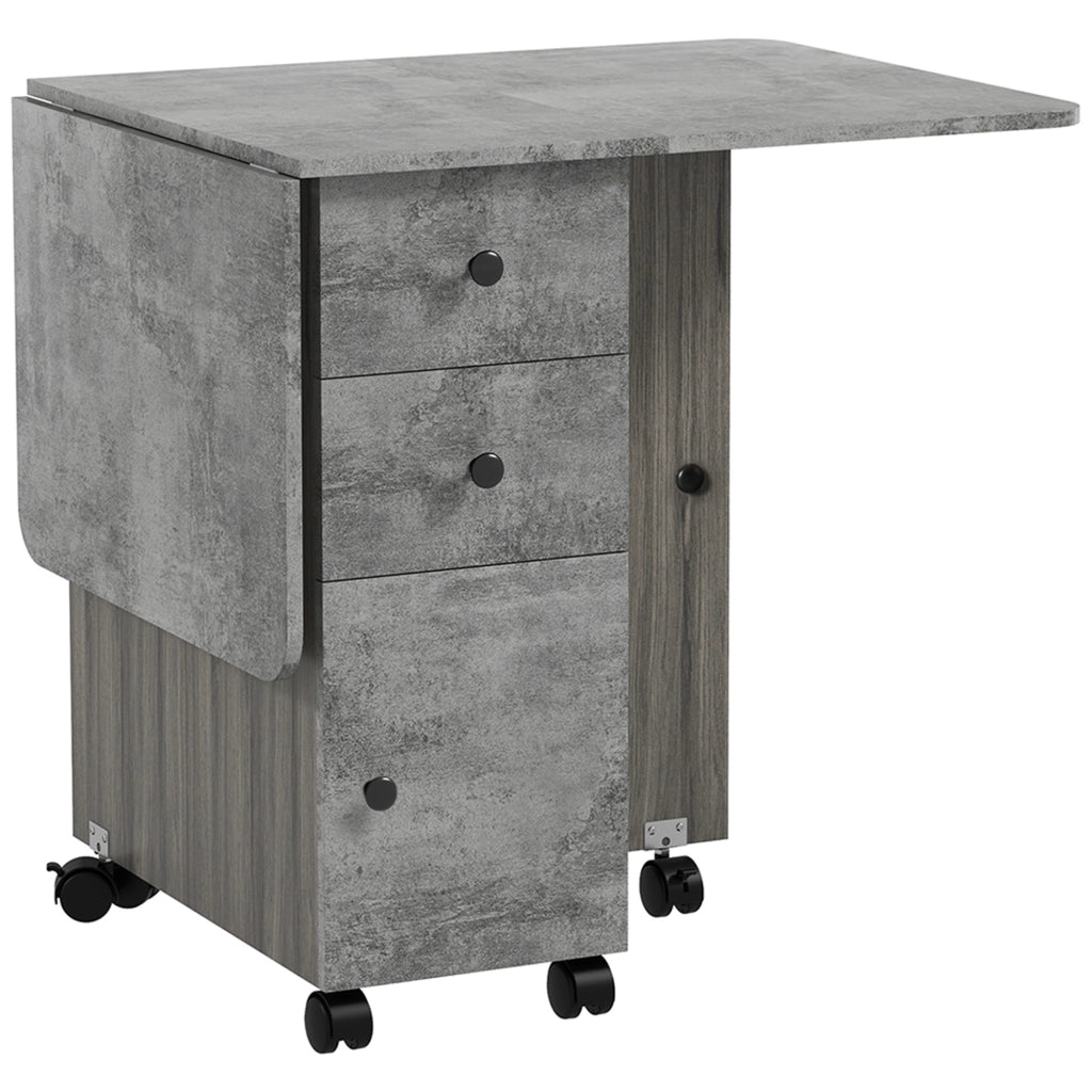 Tavolo Pieghevole a Ribalta 120x60x76.5 cm con 2 Cassetti e Armadietto in Legno Effetto Cemento Grigio