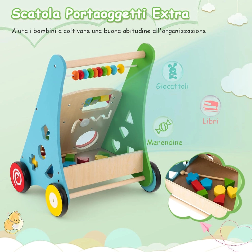 Girello in Legno per Bambini con Maniglie, Camminatore Multifunzionale per Neonati, Girello Primi Passi con Centro Attività, Giocattolo Montessori con Ruote, per Bambini 1+Anni (Colorato)
